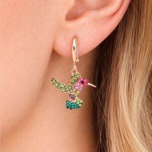 NWT Rose Gold Hummingbird Earrings - Pink & Green Crystal Dangle Drops